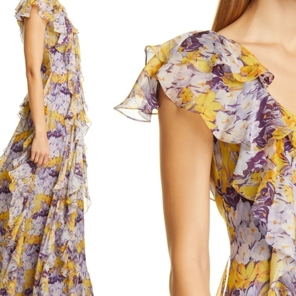 New Flor et. al Valles Floral Silk Chiffon Ruffle Lilac Gown Resort '20 4 US NWT - Picture 7 of 17